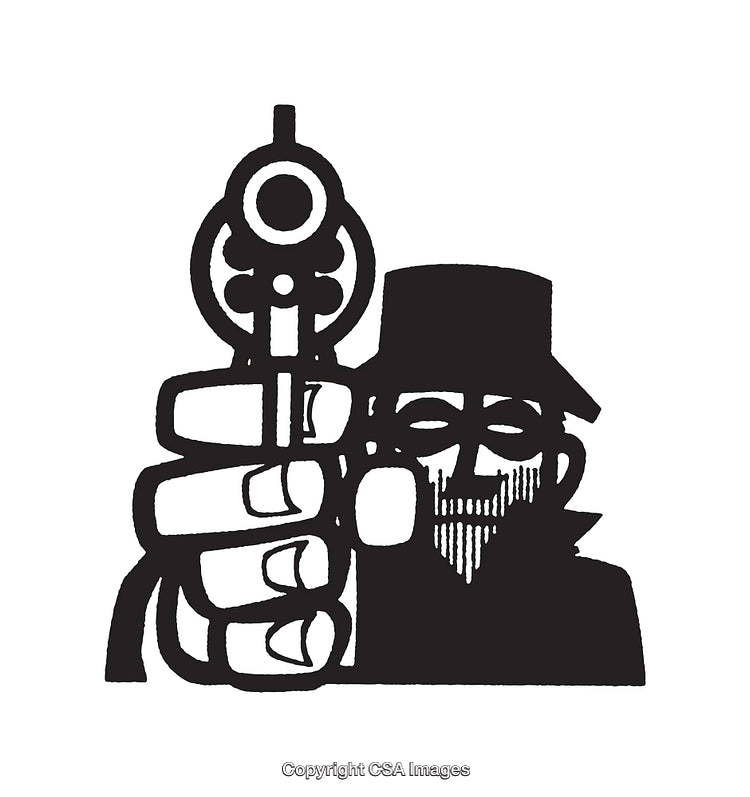 Black and White Illustration of a Masked Character Aiming a Revolver