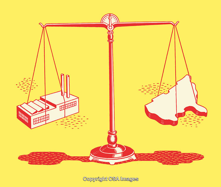 Illustration Depicting Factory and Natural Resource Balance on Weighing Scales