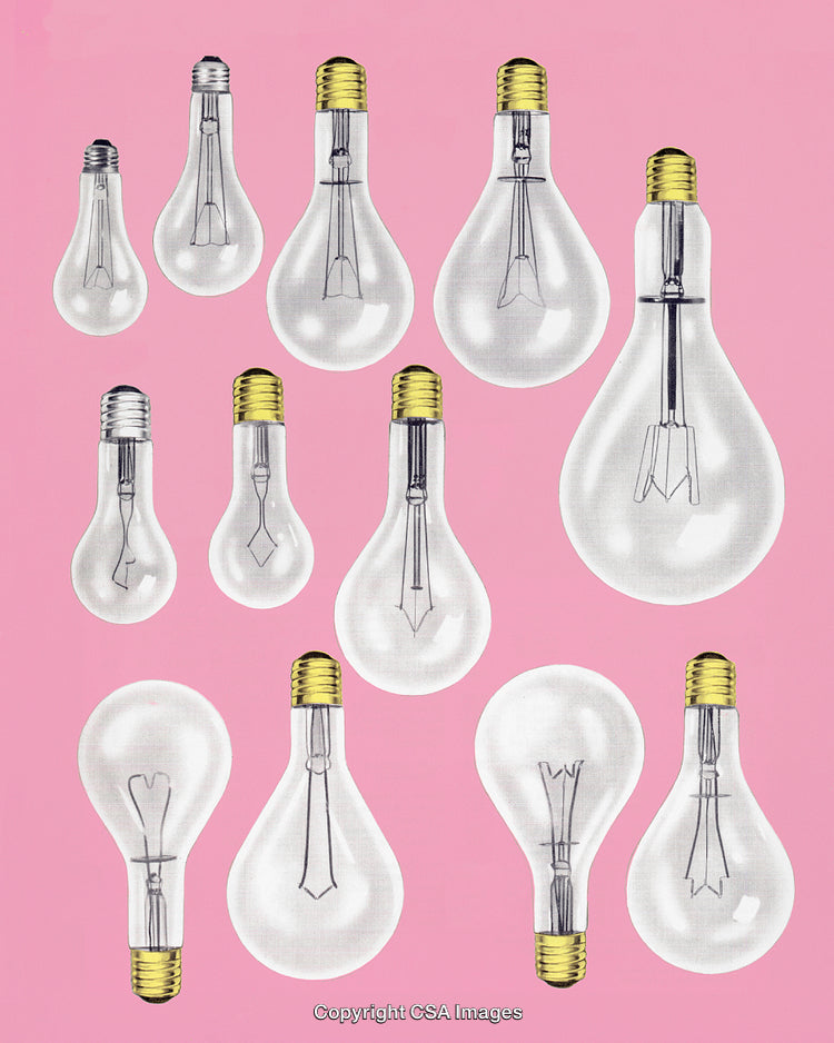 Vintage Illustration of Numerous Light Bulbs Against Pink Background