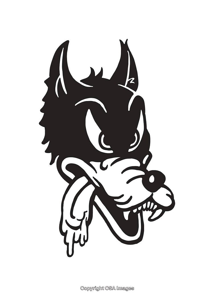Black and White Line Art of a Cartoon Wolf Head