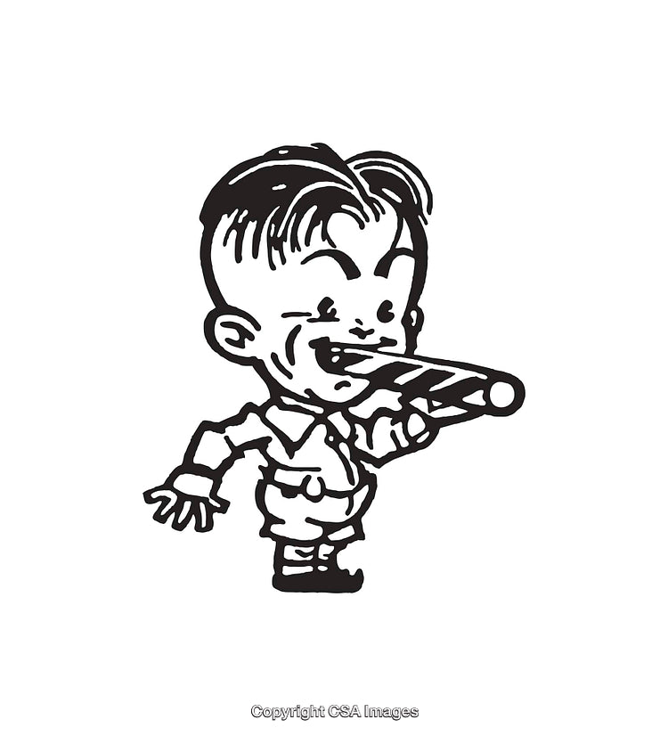 Black and White Line Art of a Boy with a Chocolate Bar