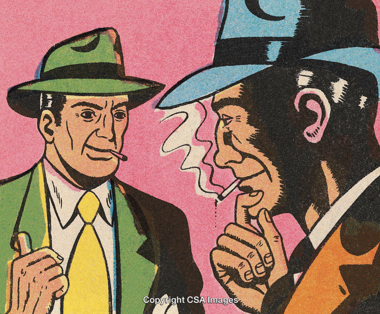 Retro Comic Drawing of Two Men Talking and Smoking in Hats