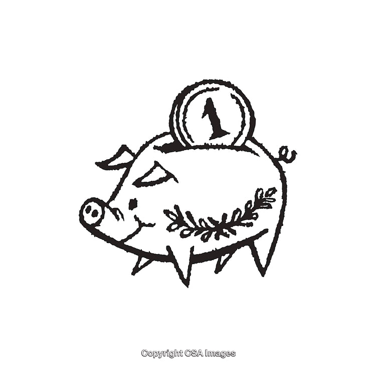Black And White Line Art Illustration of a Piggy Bank With Coin