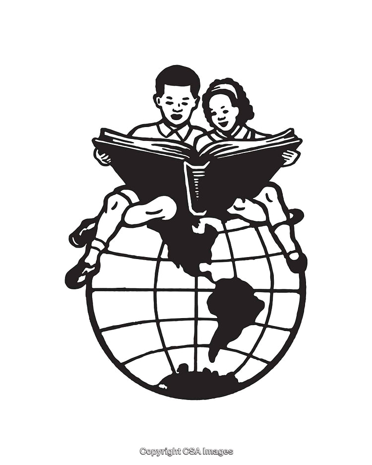 Illustration of Two Children Reading a Book Over a Globe Icon