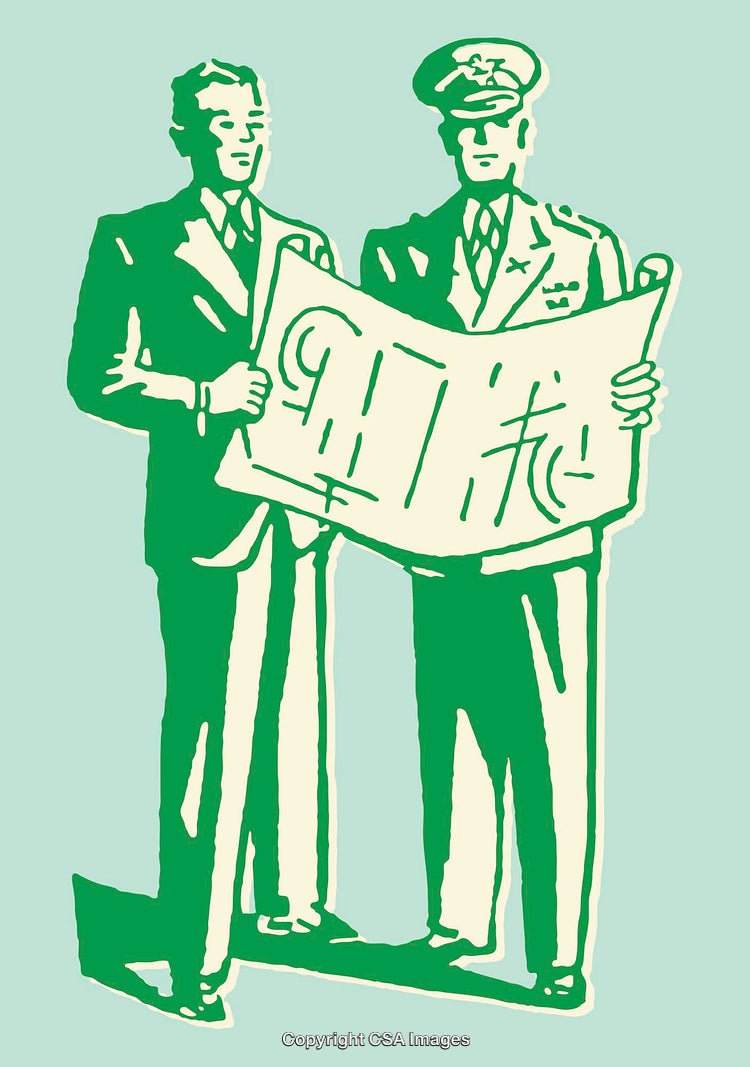 Businessman and Officer Collaborate Over Blueprint Design in Color Line Art
