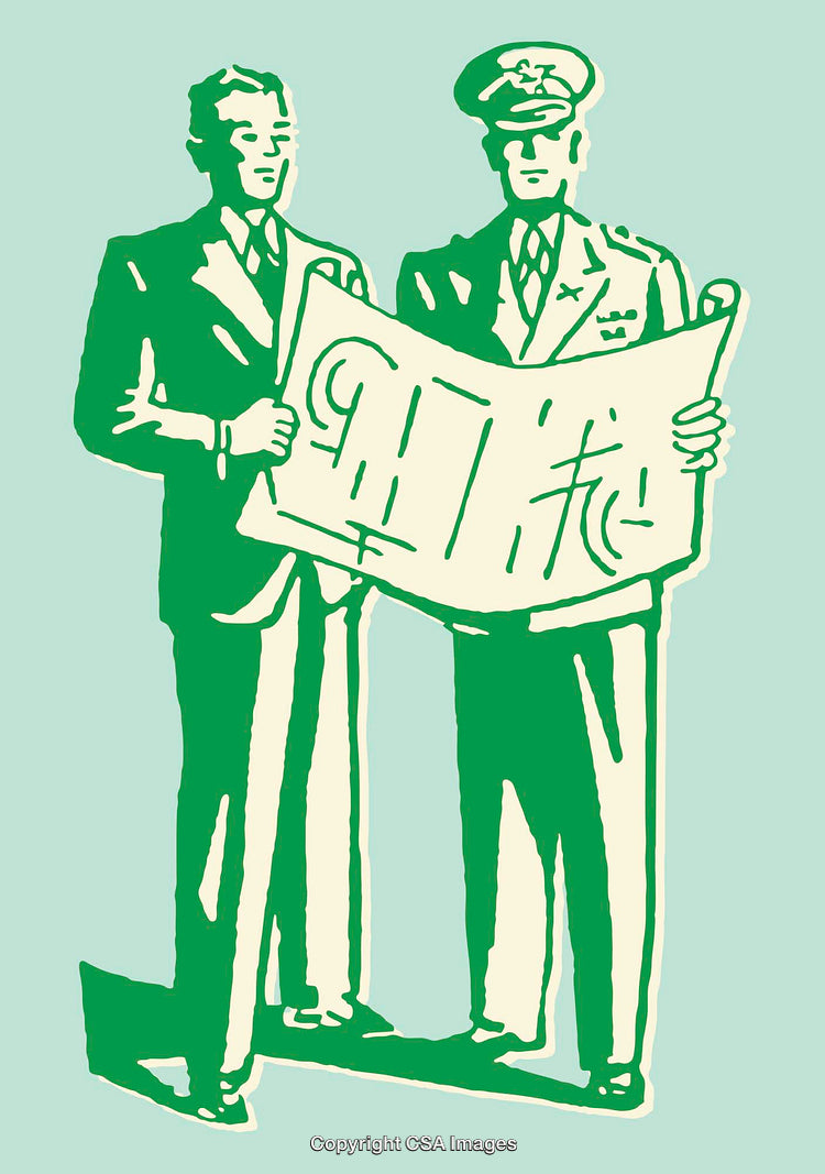 Businessman and Officer Collaborate Over Blueprint Design in Color Line Art