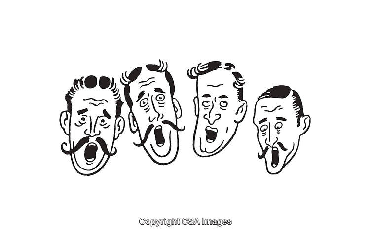 Black and White Line Art of Expressive Faces with Mustaches