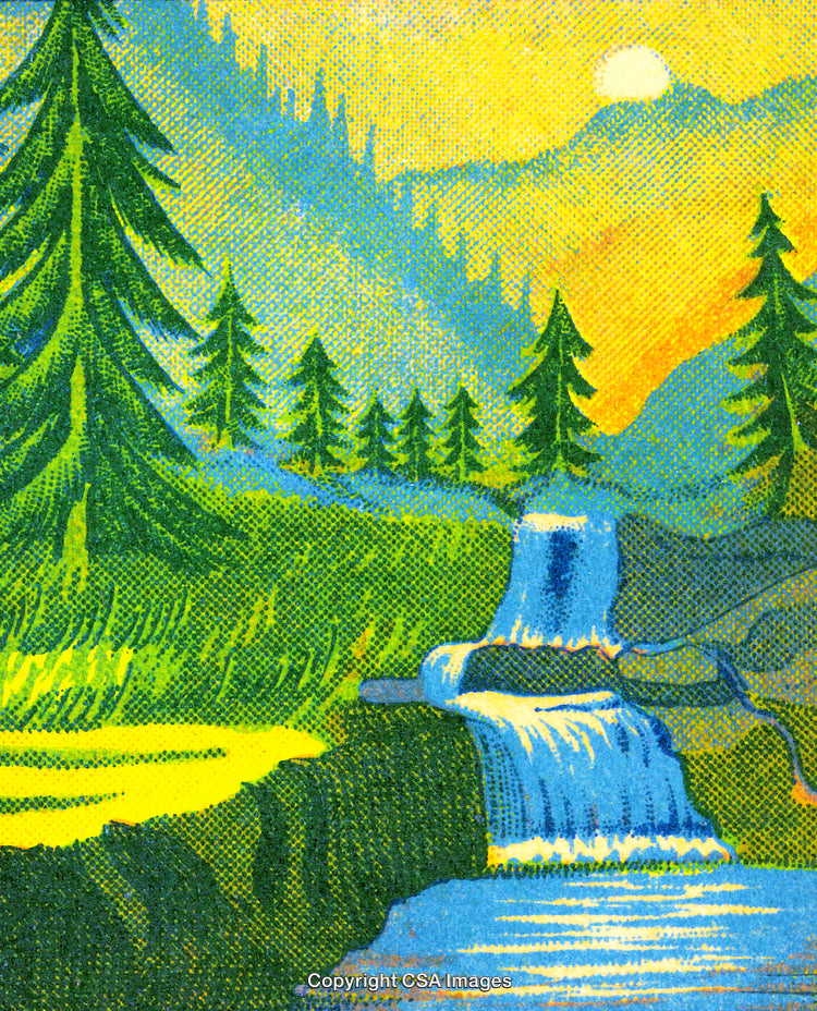 Serene Forest Scene with Waterfall, Sunrise, and Lush Greenery