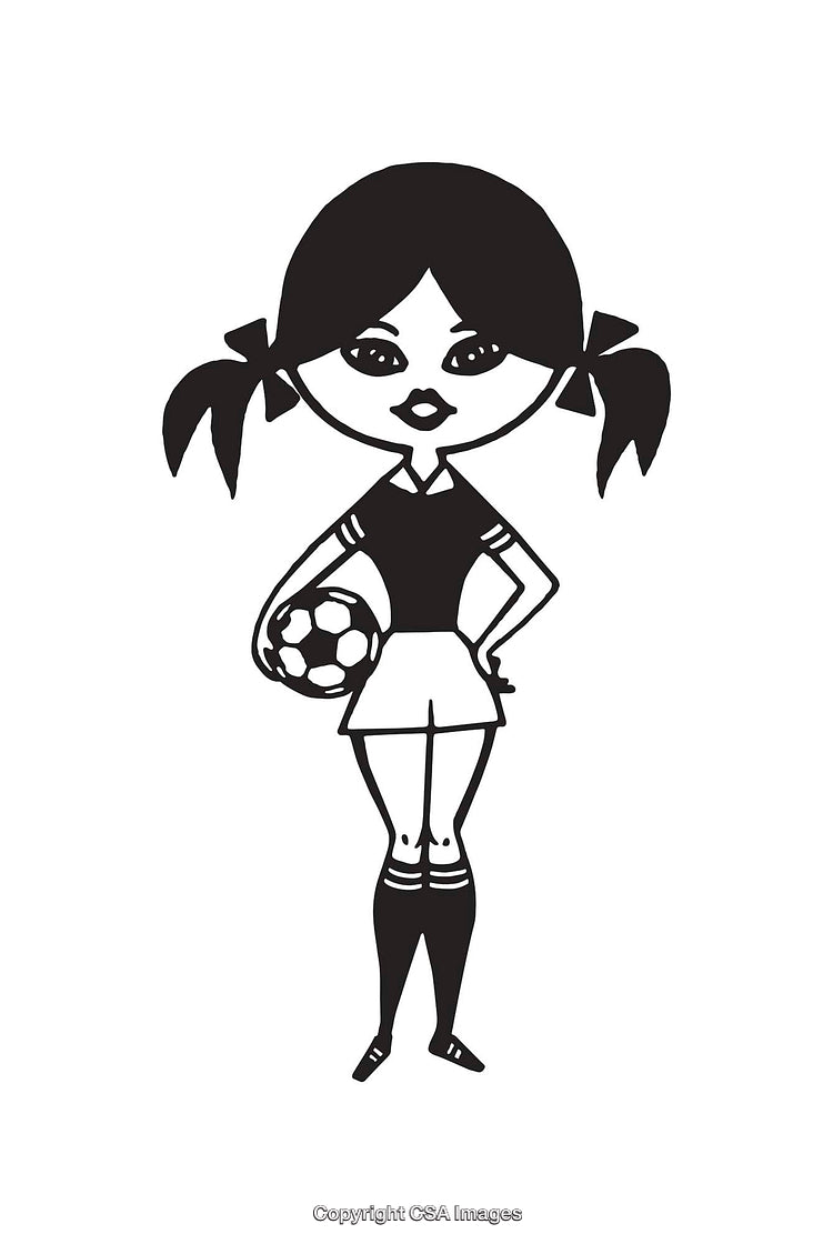Cartoon Girl Soccer Player Line Art Illustration in Black and White