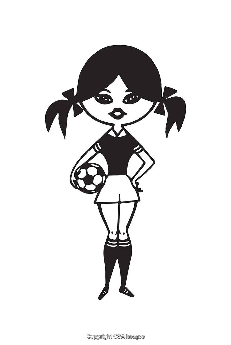 Cartoon Girl Soccer Player Line Art Illustration in Black and White