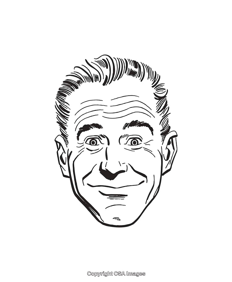Smiling Male Face in Black and White Line Art Style Illustration
