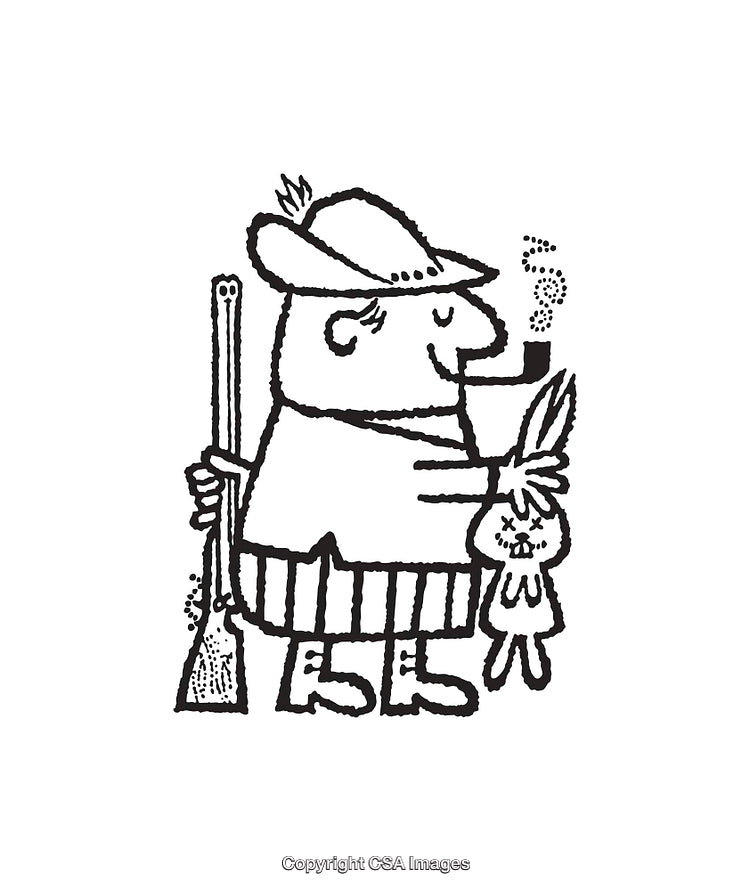 Cartoon Line Art Featuring a Hunter Holding a Bunny and a Rifle