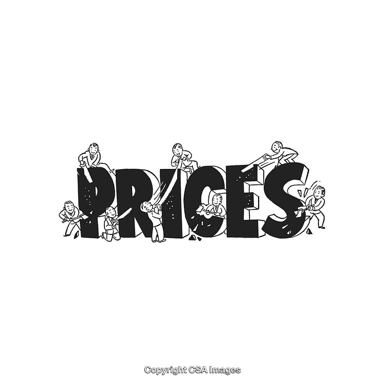 Group of People Collaborating to Build Word Prices in Fun Illustration