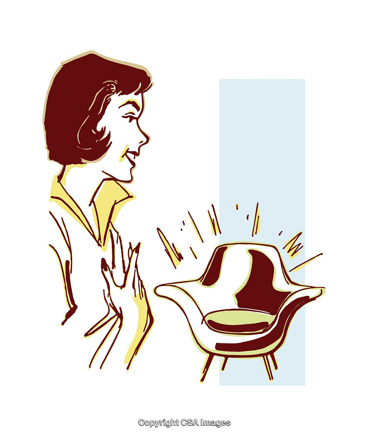 Retro Illustration of Woman Admiring a Stylish Mid-Century Chair