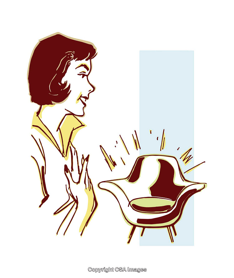 Retro Illustration of Woman Admiring a Stylish Mid-Century Chair