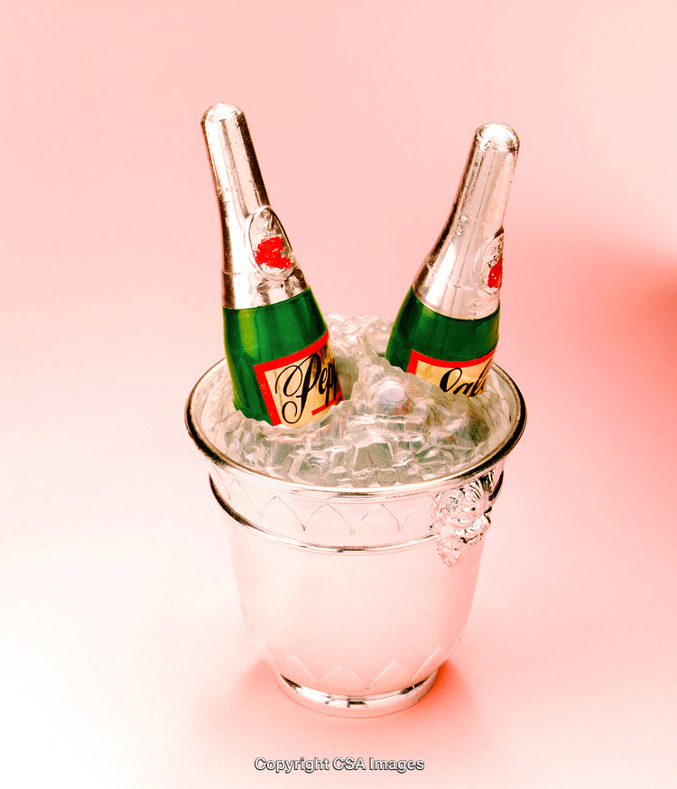 Silver Bucket Containing Two Decorative Champagne Bottles on Pink Background
