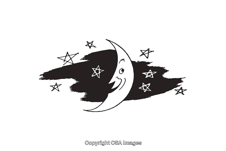 Moon and Stars Illustration in Black and White Art Design