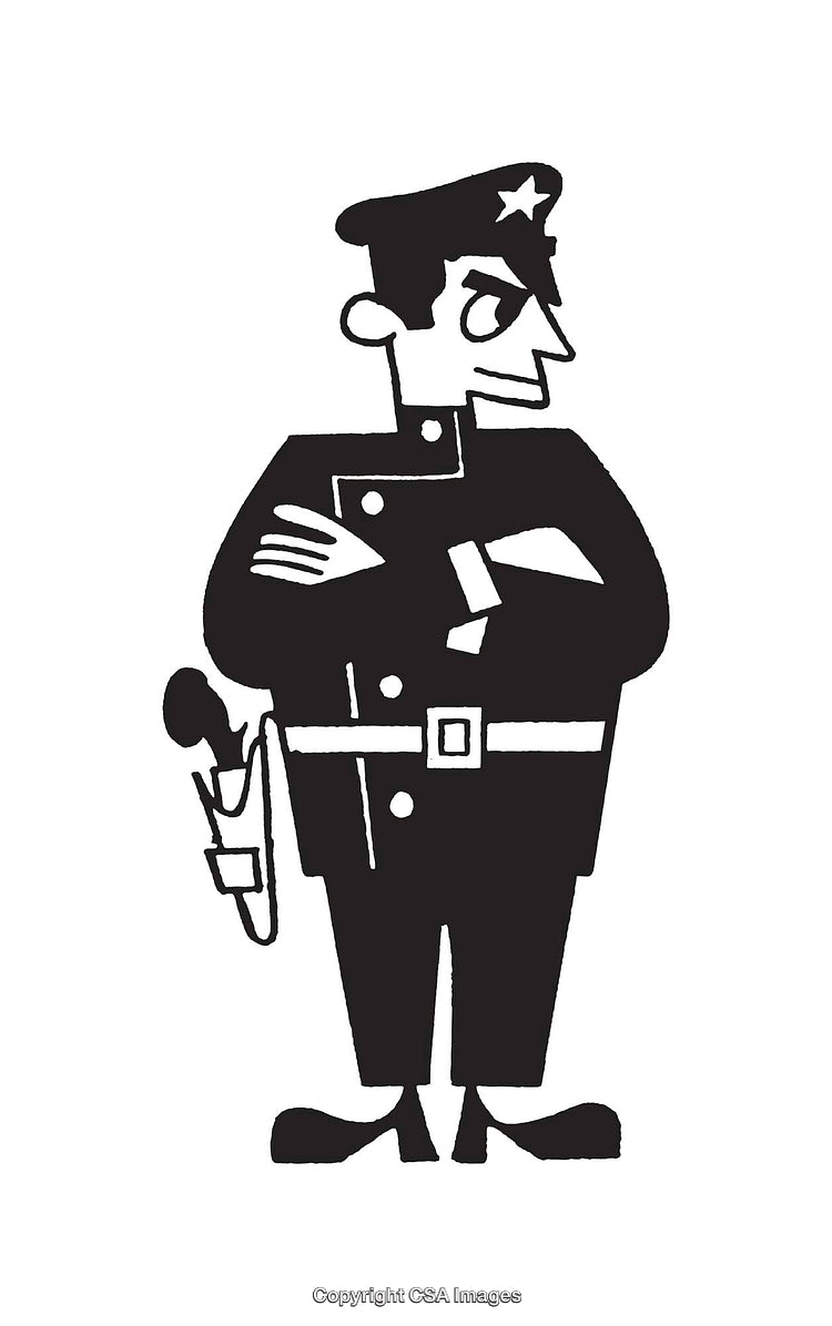 Retro Black and White Illustration of a Cartoon Police Officer
