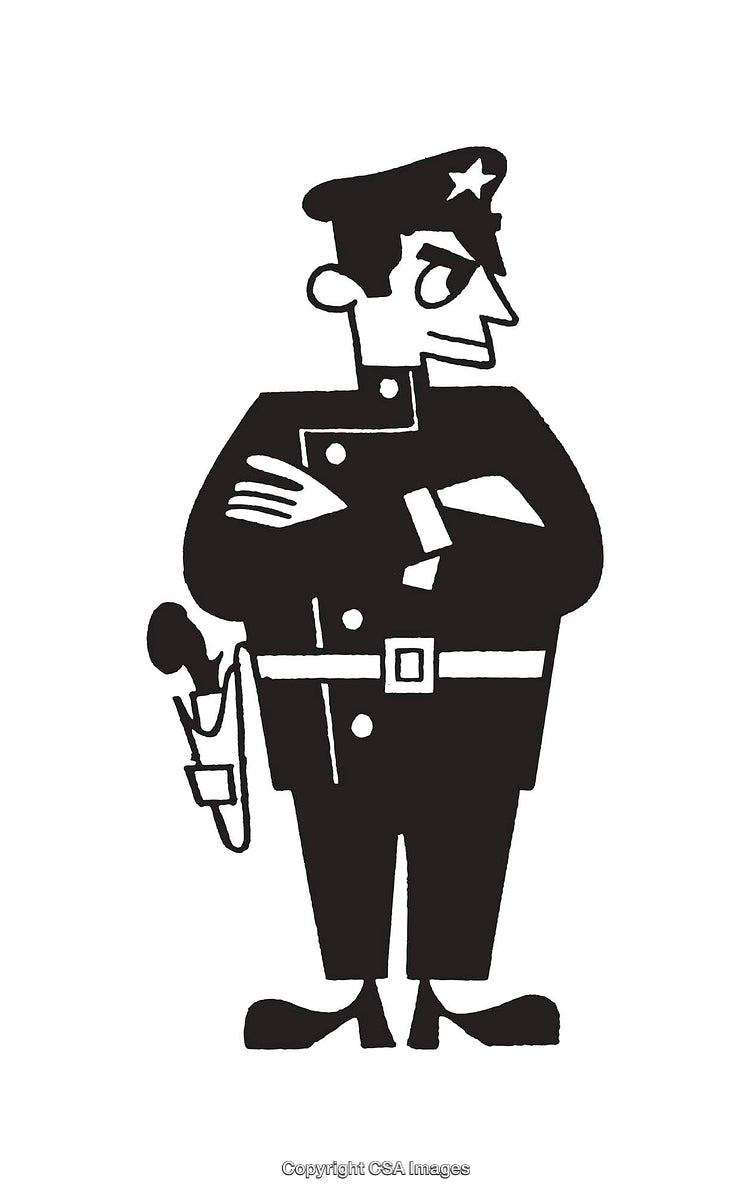 Retro Black and White Illustration of a Cartoon Police Officer