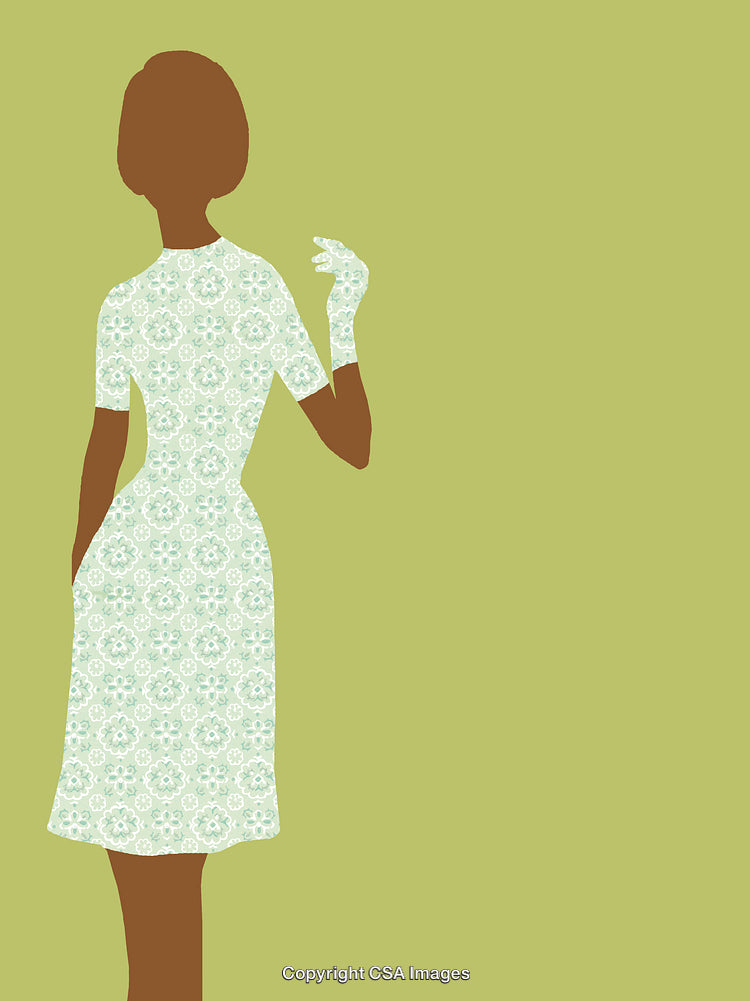 Silhouette of a Woman in Vintage Patterned Dress on Green Background