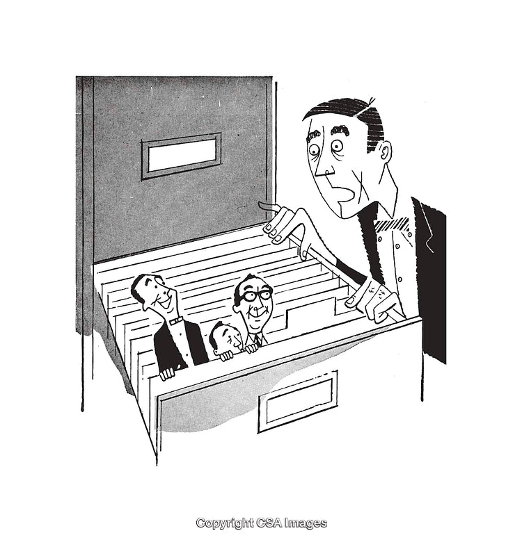 Black and White Illustration of Filing Cabinet with Surprised Characters