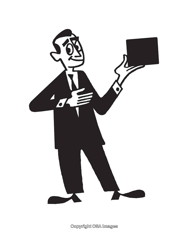 Retro Illustration of Man Holding Object in Monochrome Line Art Style