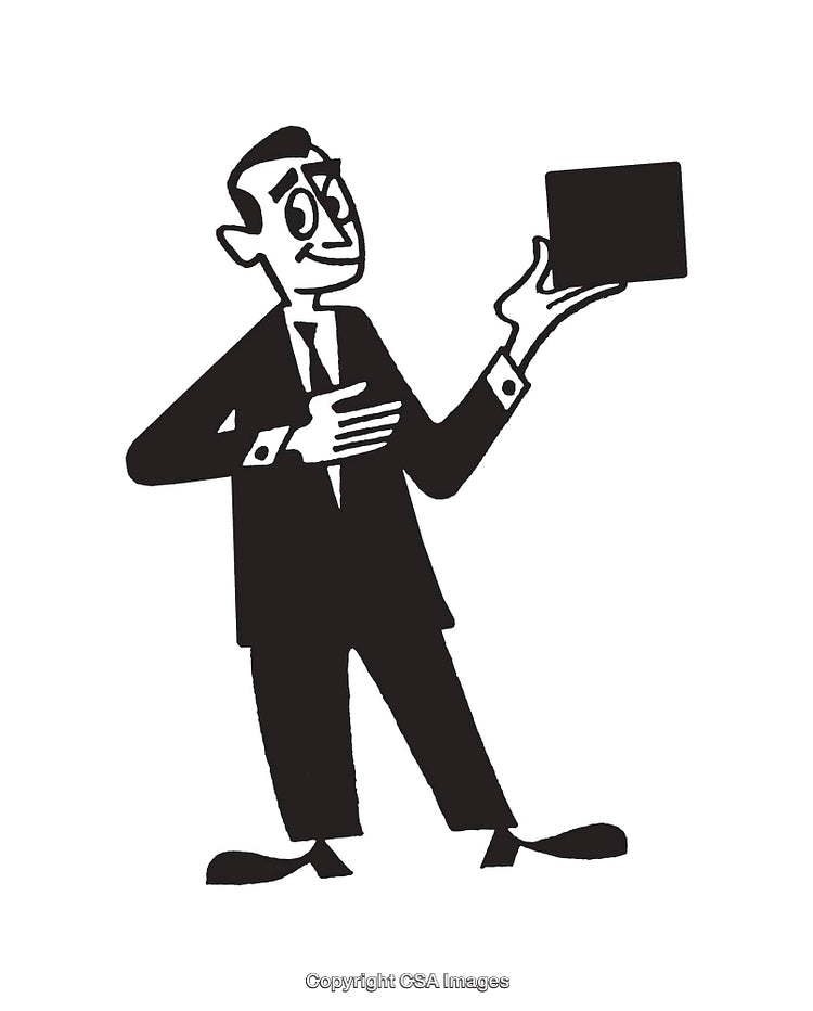 Retro Illustration of Man Holding Object in Monochrome Line Art Style