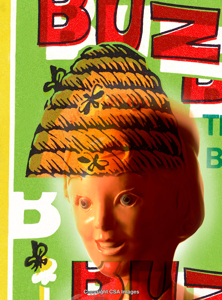 Plastic Toy Figure with Beehive Overlay and Retro Typography