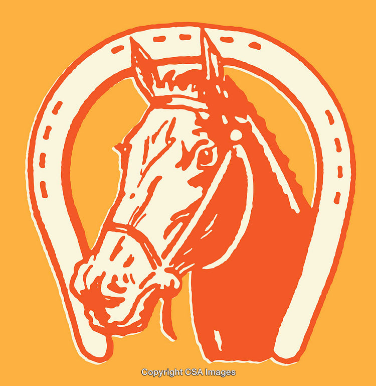 Vintage Horse Illustration with Horseshoe on Bright Orange Background