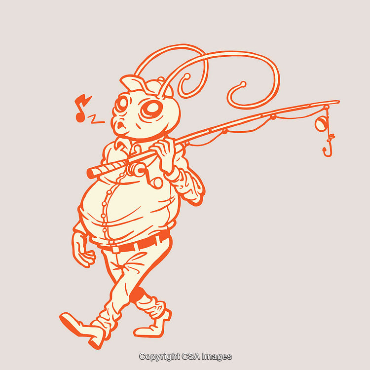Whimsical Line Art Illustration of an Anthropomorphic Grasshopper With a Fishing Rod