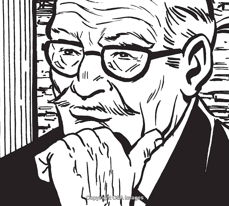 Black and White Illustration of a Thoughtful Elderly Man Wearing Glasses