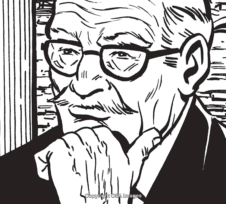 Black and White Illustration of a Thoughtful Elderly Man Wearing Glasses