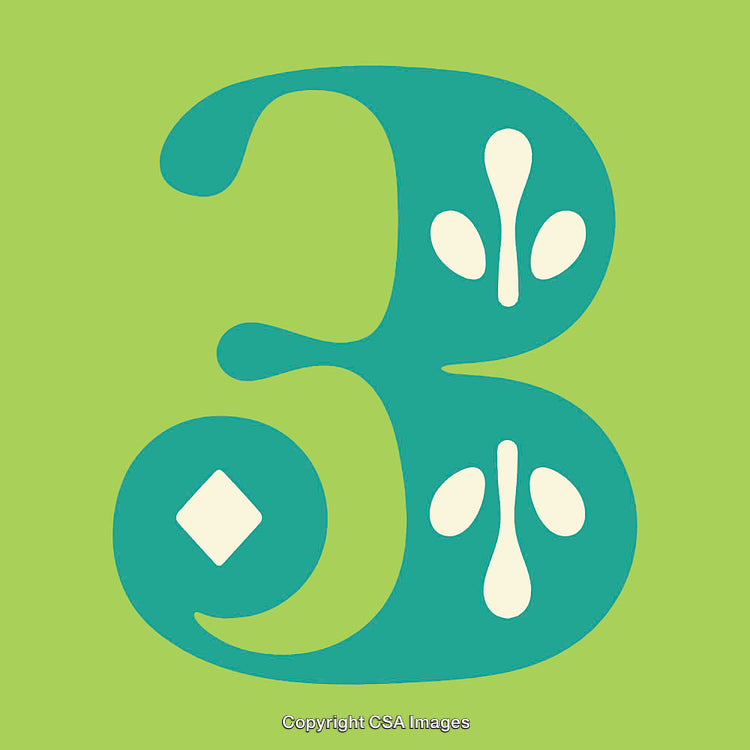 Decorative Number Three Design with Elegant Floral Details in Teal and Green