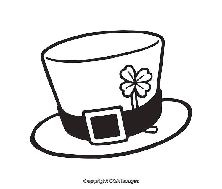 Black and White Line Art of a Decorative Hat with Shamrock Design