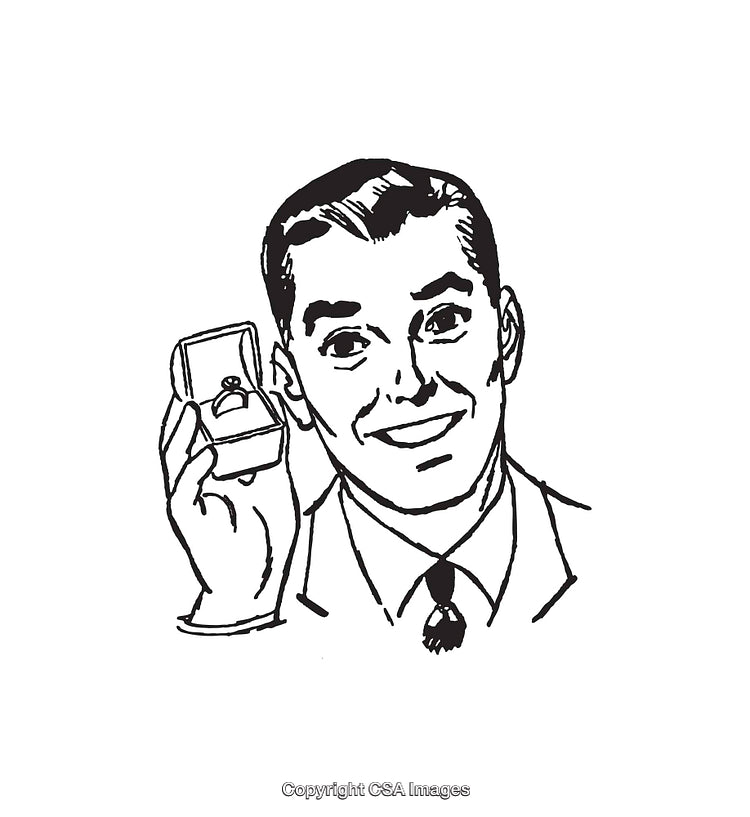 Man Smiling While Holding an Engagement Ring in Box Line Drawing
