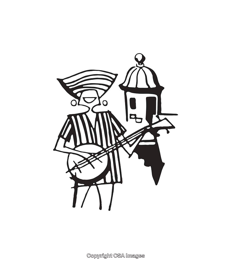 Traditional Musician Playing Guitar in Black and White Line Art Illustration