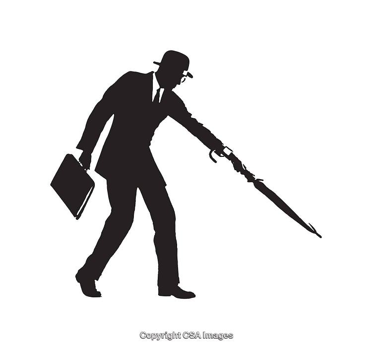Silhouette of Businessperson with Umbrella and Briefcase in Motion