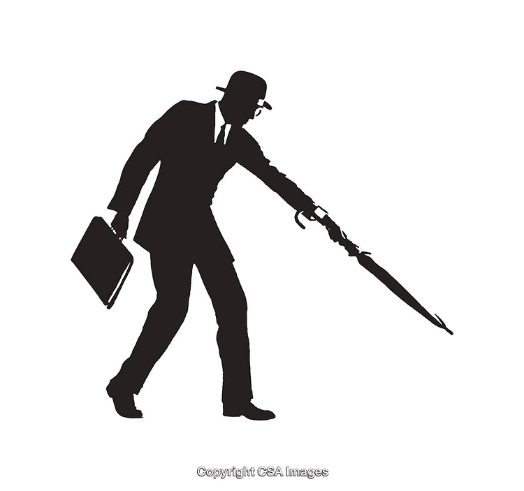 Silhouette of Businessperson with Umbrella and Briefcase in Motion