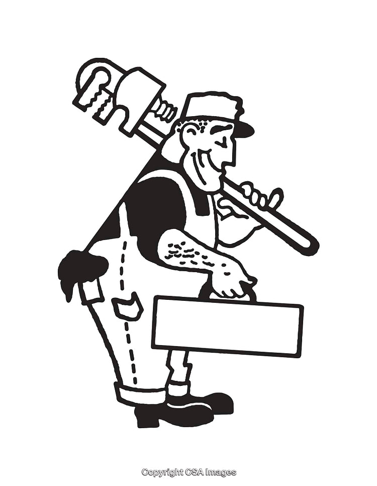 Black And White Line Art Illustration of a Cartoon Style Plumber