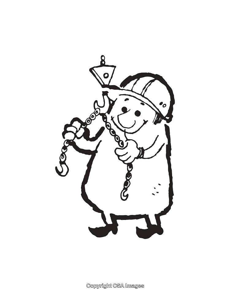 Black and White Line Art of Worker with Hooks and Chains
