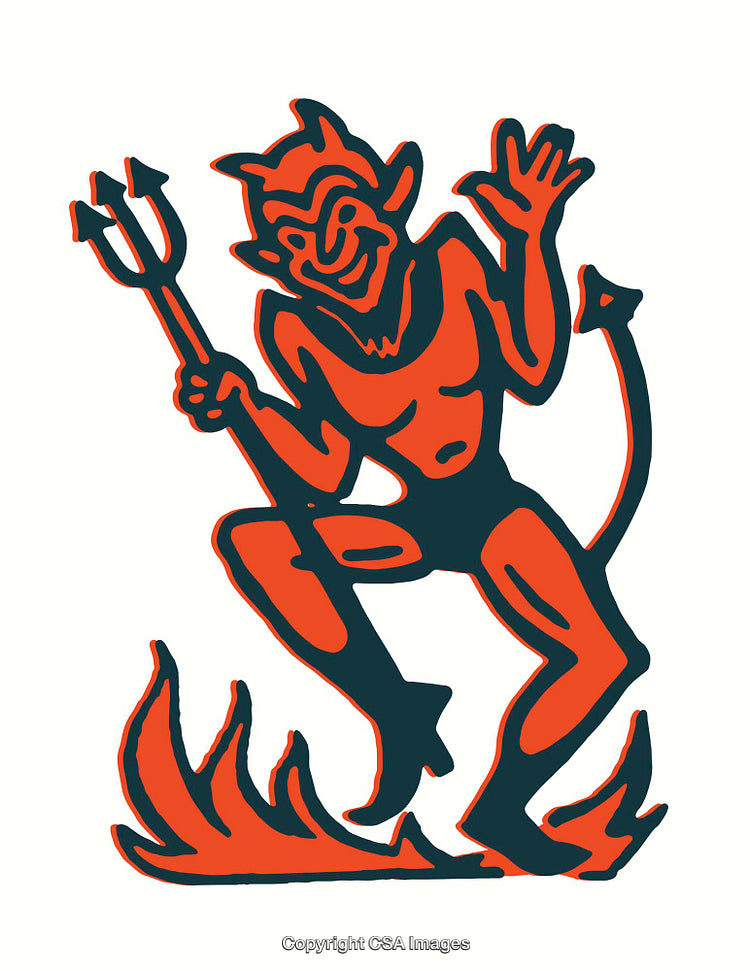 Vintage Style Devil Illustration with Flames and Trident in Retro Colors