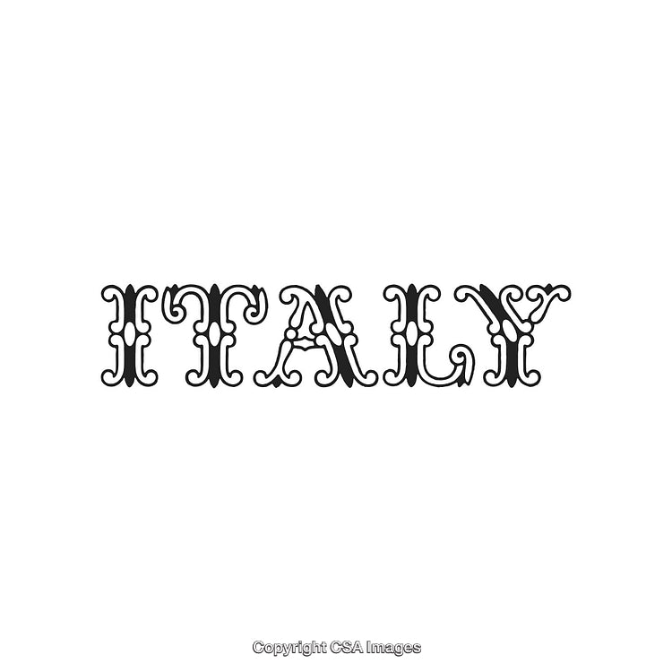 Decorative Typography Depicting the Word 'Italy' With Ornate Detailing on White
