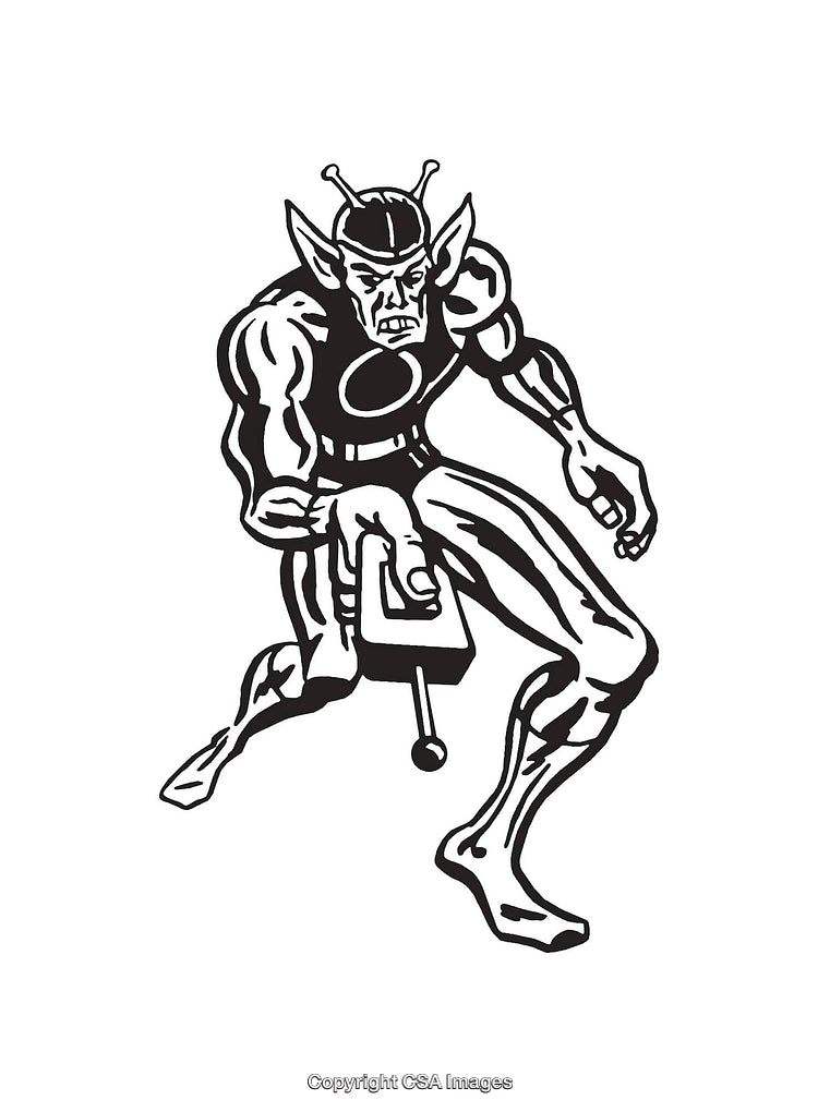 Black and White Alien Line Art Illustration with Retro Futuristic Design