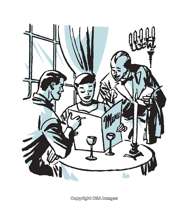 Vintage Illustration of a Couple in a Fancy Restaurant Setting