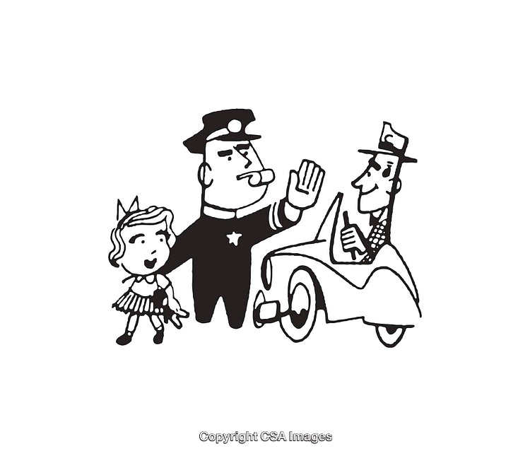 Black and White Line Art of a Policeman, Vehicle, and Young Girl