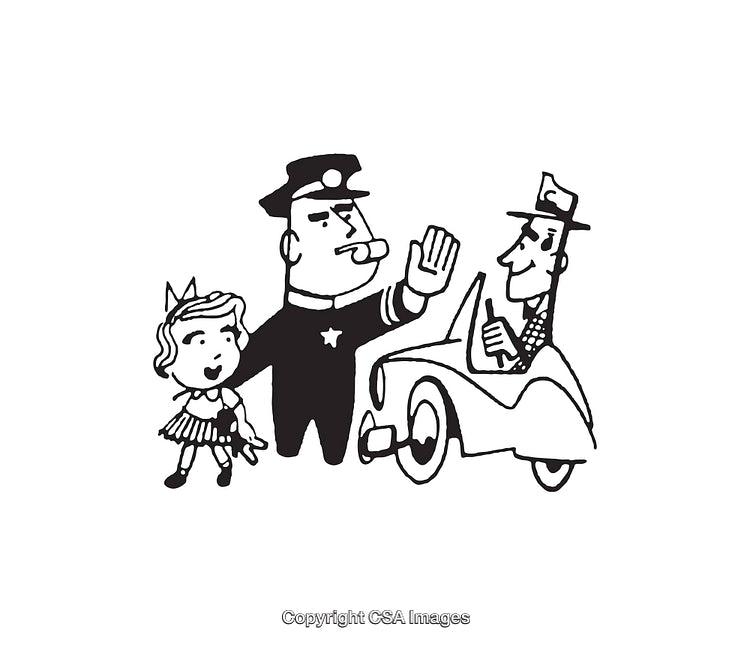 Black and White Line Art of a Policeman, Vehicle, and Young Girl