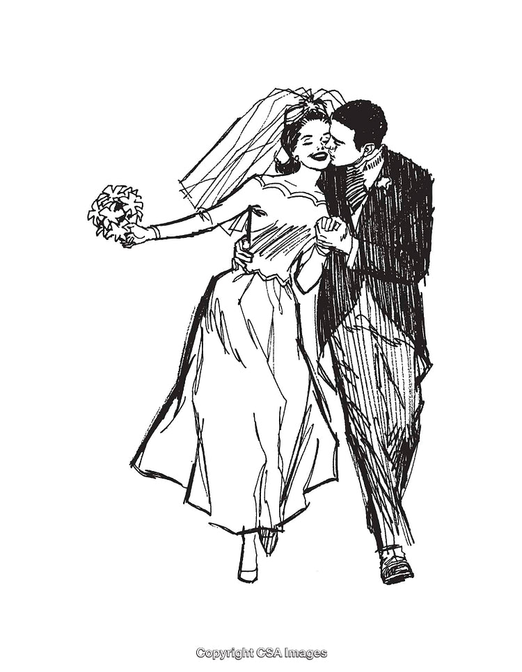 Elegant Bride and Groom Line Art Illustration in Romantic Wedding Attire