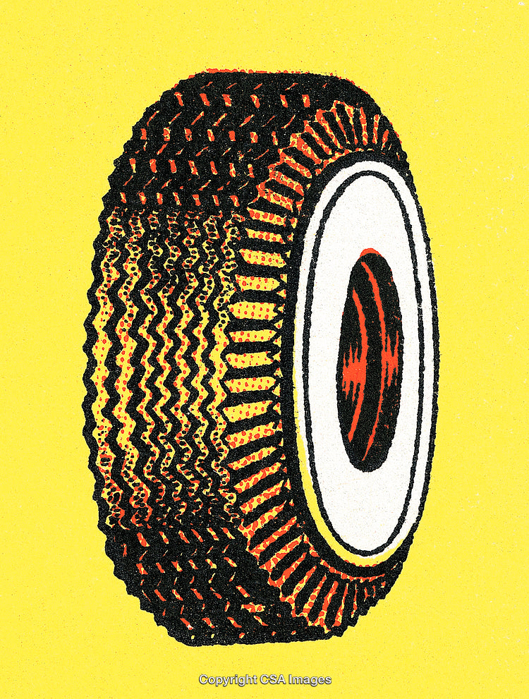 Vintage Car Tire Illustration Against a Bright Yellow Background
