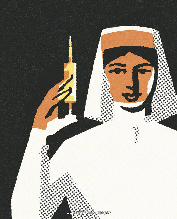 Retro Illustration of a Nurse Holding a Syringe Device on Dark Background