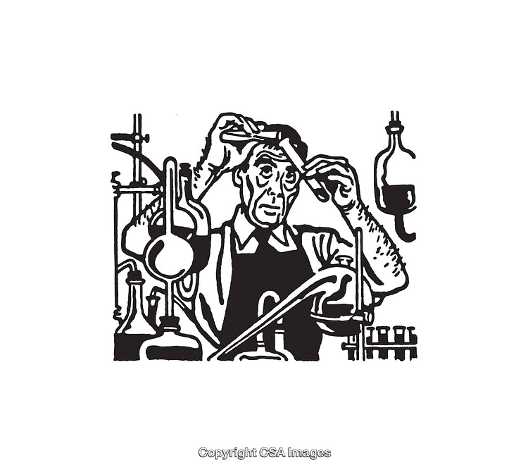 Black and White Line Art of a Scientist in His Laboratory